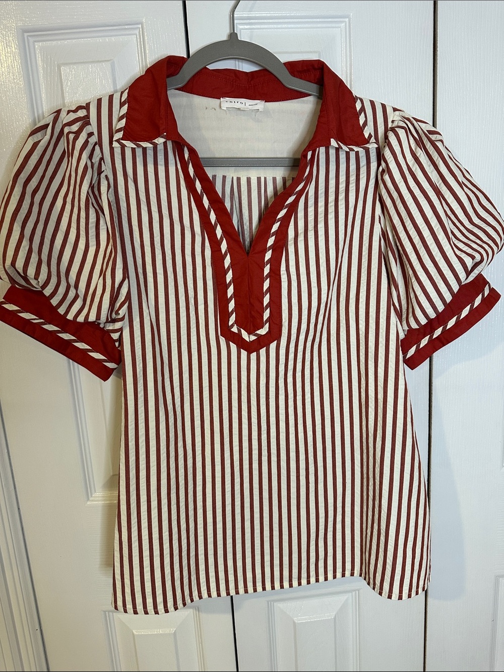 entro Rust and White Striped Puff-Sleeve Tunic